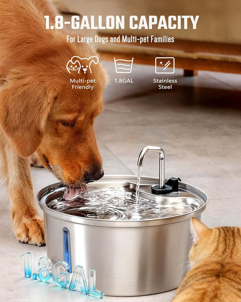 Pawccoli Dog Water Fountain Stainless Steel, 7L/1.8Gal Pet Fountain Water Bowl with Multi-Filtration & Deeper Drinking Aera, Large cat Water Fountain with Water Window & LED, Ultra-Quiet - Image 4